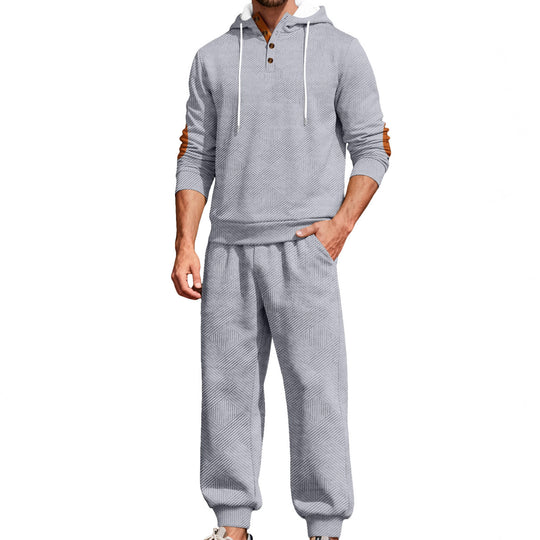 Herren nan strukturiertes Kapuzen-Joggingset mit Henley-Knopfleiste und Kontrast-Ellenbogenpatches R&B