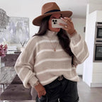 Damen gestreifter Oversized-Pullover mit modischem Rollkragen R&B