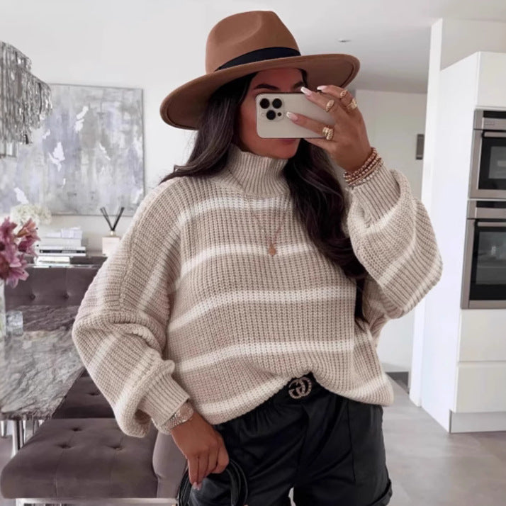 Damen gestreifter Oversized-Pullover mit modischem Rollkragen R&B