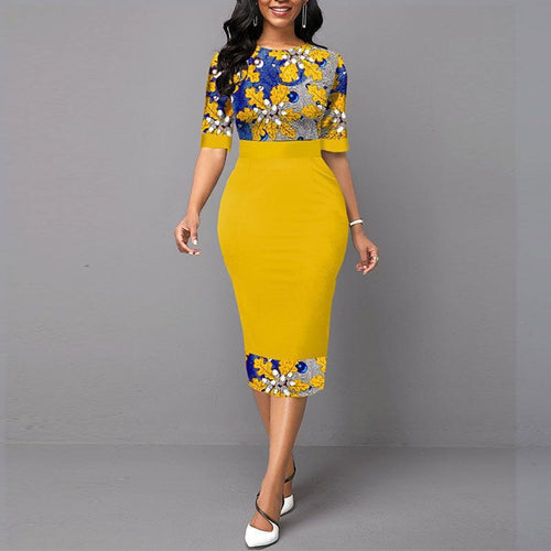 Damen Elegantes figurbetontes Midikleid mit floralem Oberteil und schwingendem Saum R&B