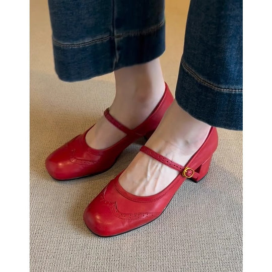 Damen Mary Jane Pumps mit dekorativem Riemen und elegantem Blockabsatz R&B