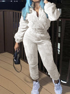 Damen nan kuscheliges Teddy-Fleece Zweiteiler mit Halbreißverschluss und High-Waist Jogginghose R&B