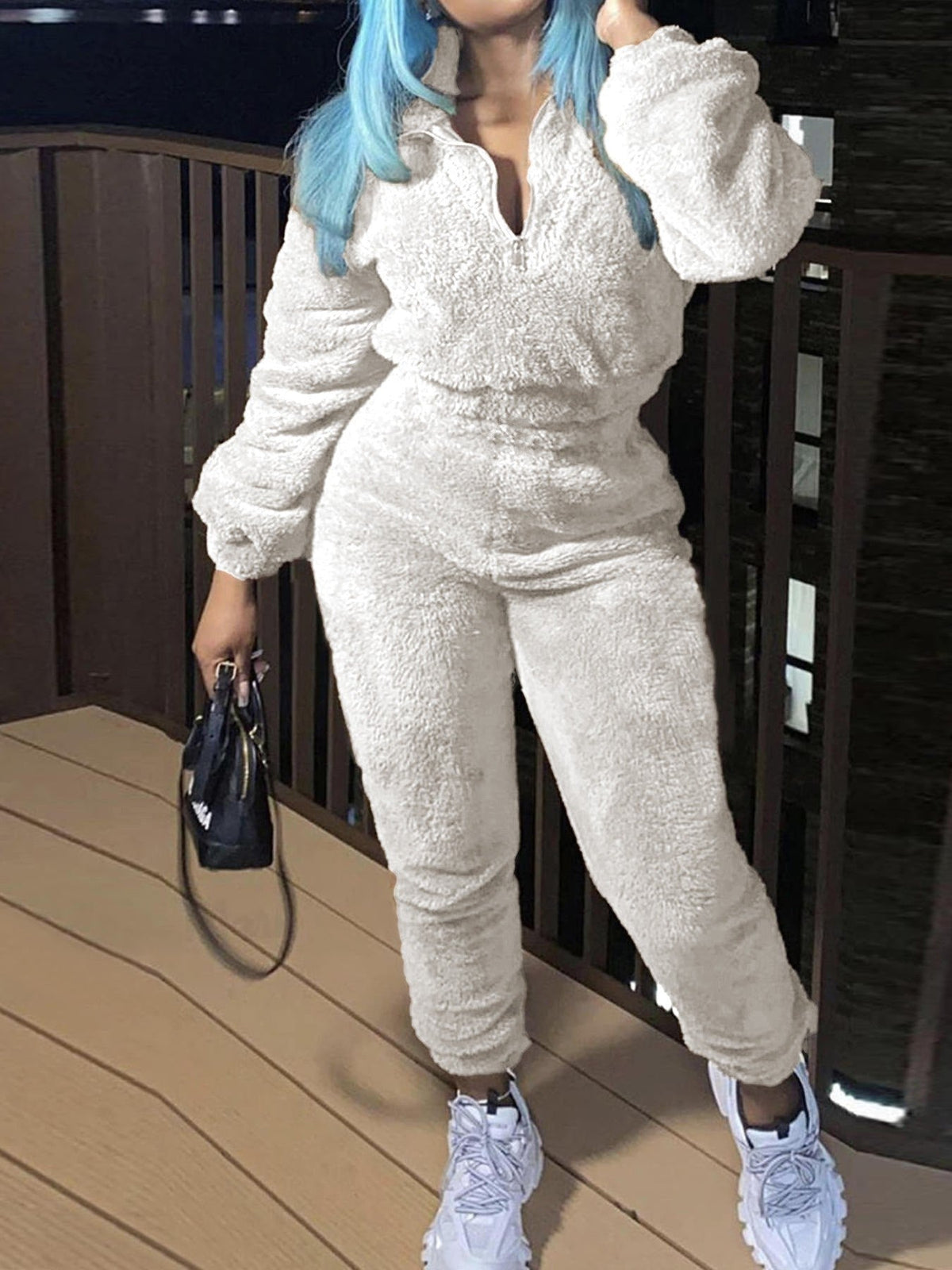 Damen nan kuscheliges Teddy-Fleece Zweiteiler mit Halbreißverschluss und High-Waist Jogginghose R&B