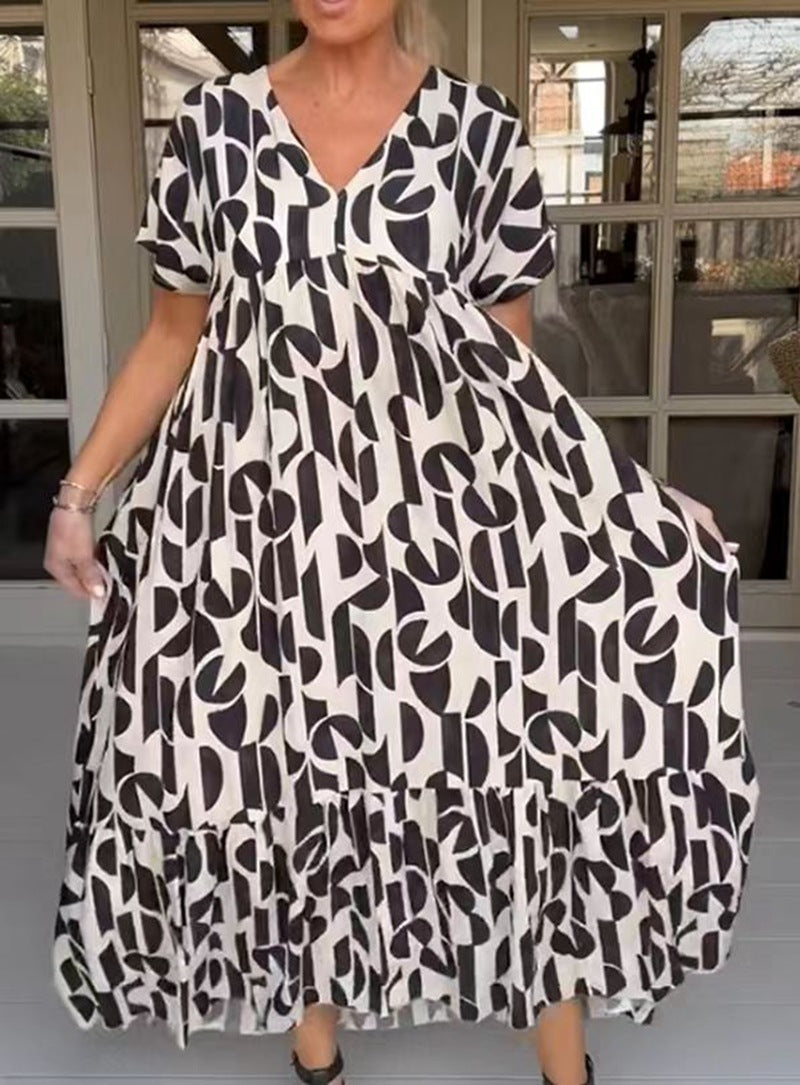 Damen nan voluminöses Maxikleid mit Unterbrustnaht, V-Ausschnitt, kurzen Kimonoärmeln und Stufenvolant R&B