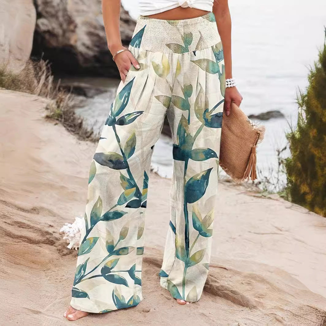 Damen Weit geschnittene Strandhose mit floralem Motiven und elastischem Bund R&B