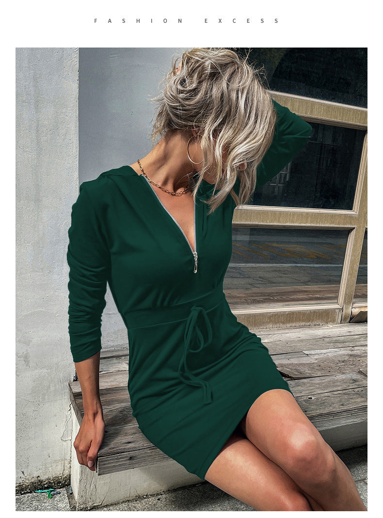 Damen Kapuzenkleid mit Reißverschluss und Taillenzug R&B