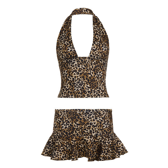 Damen Tiermuster Bikini-Set mit fließendem Rock R&B