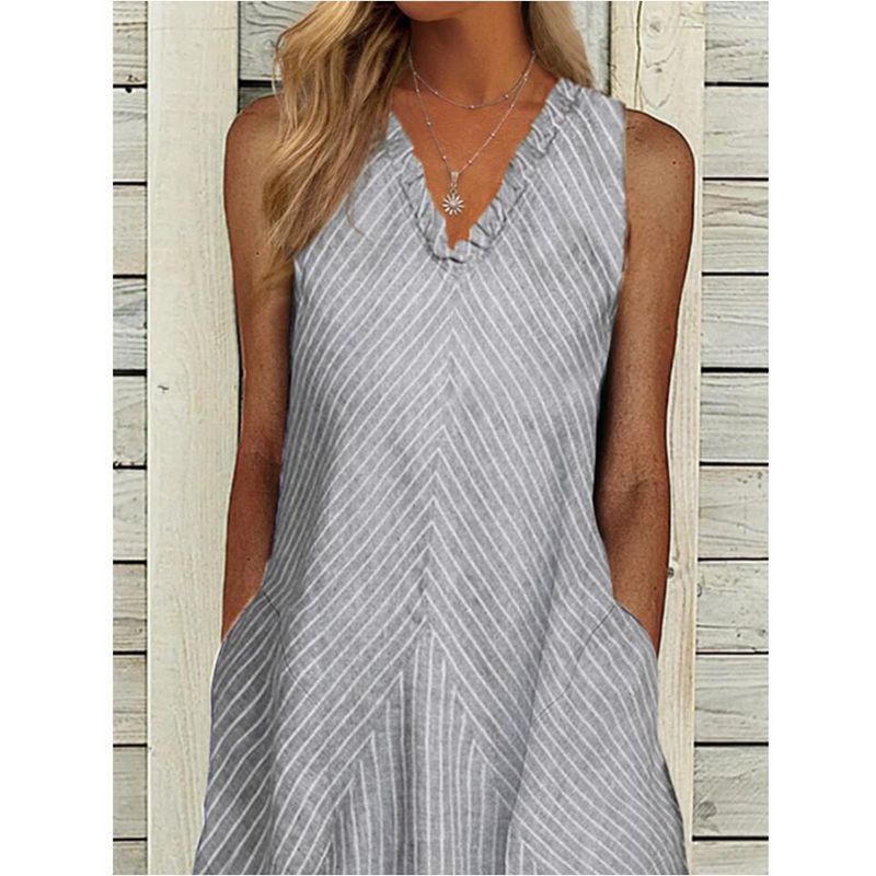 Damen nan ärmelloses A‑Linien Midikleid mit Rüschen-V-Ausschnitt diagonal gestreifter Leinenoptik und seitlichen Eingriffstaschen R&B