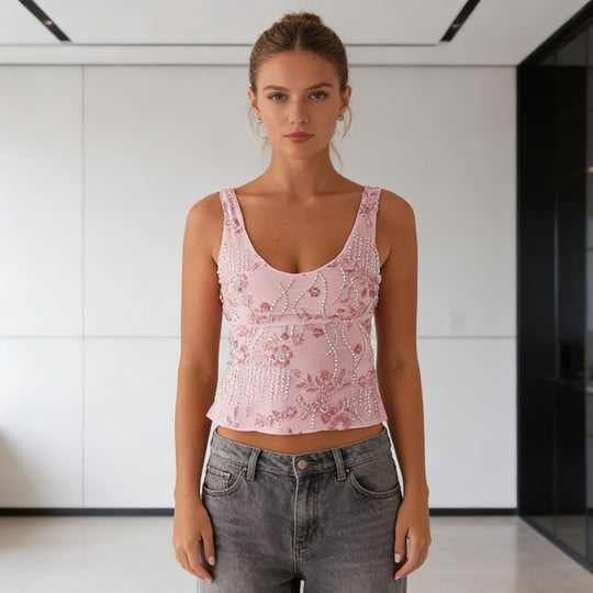 Damen Glamouröses Top mit funkelnden Stickereien und schmalen Trägern R&B