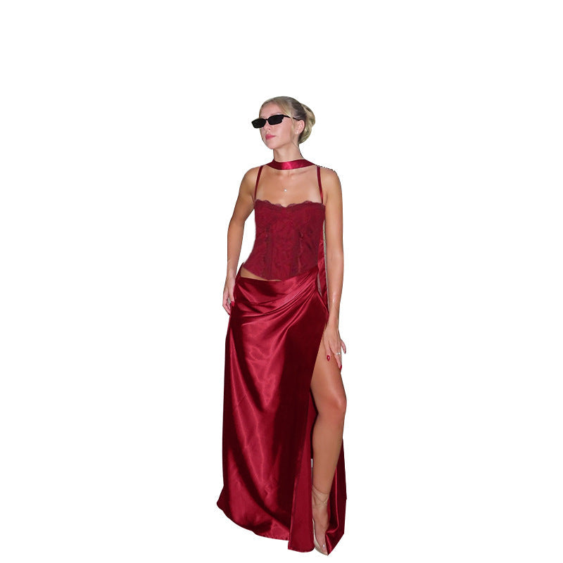 Damen elegantes Maxikleid mit Spitzenoberteil und fließendem Rock R&B