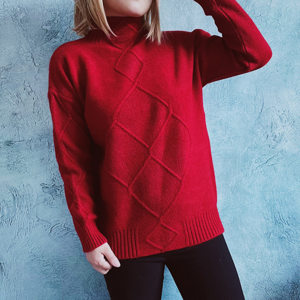Damen Grobstrickpullover mit elegantem Rautenmuster und hohem Kragen R&B