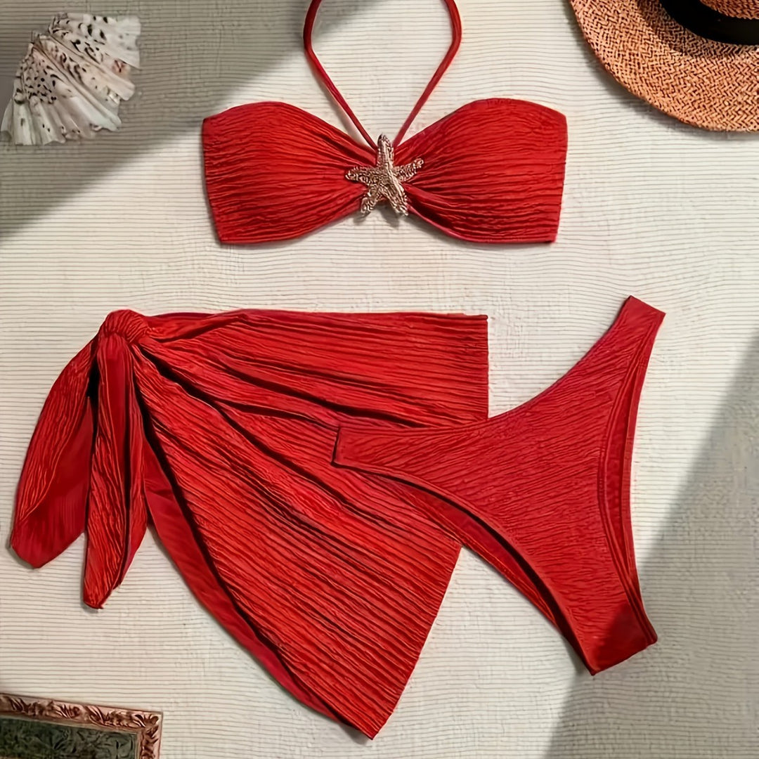 Damen Bandeau-Bikini-Set mit verspieltem Wickelrock und funkelndem Starfish-Detail R&B