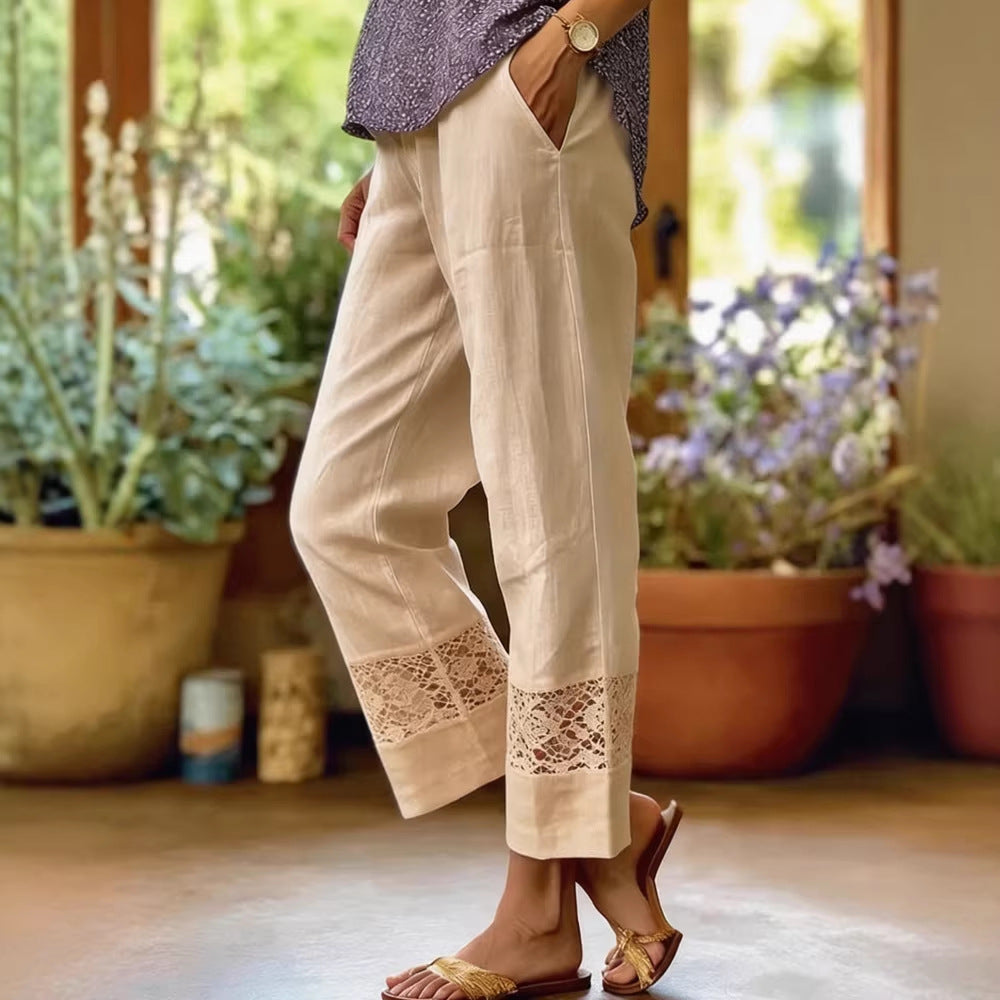 Damen Leichte Leinenhose mit Spitzenakzenten R&B