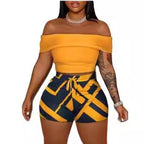 Damen Oberteil und Shorts Set mit schulterfreiem Design und geometrischem Muster R&B