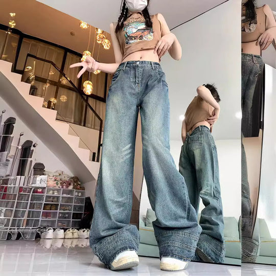Damen Weite High-Waist Jeans im lässigen Urban-Style und modischen Details R&B