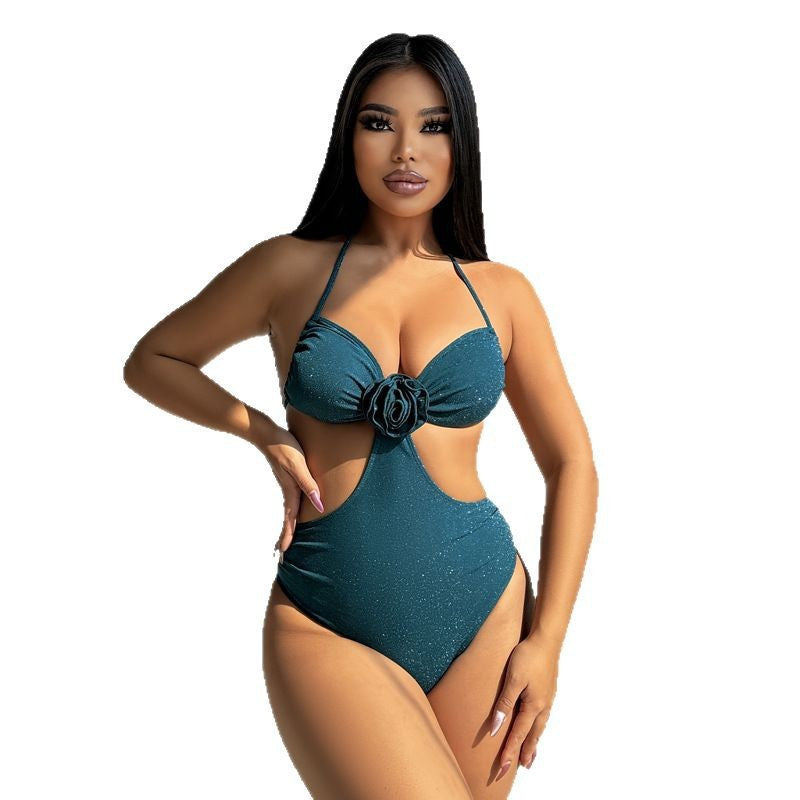 Damen Einteiliger Cut-Out Badeanzug mit floralem Design und glamourösen Akzenten R&B