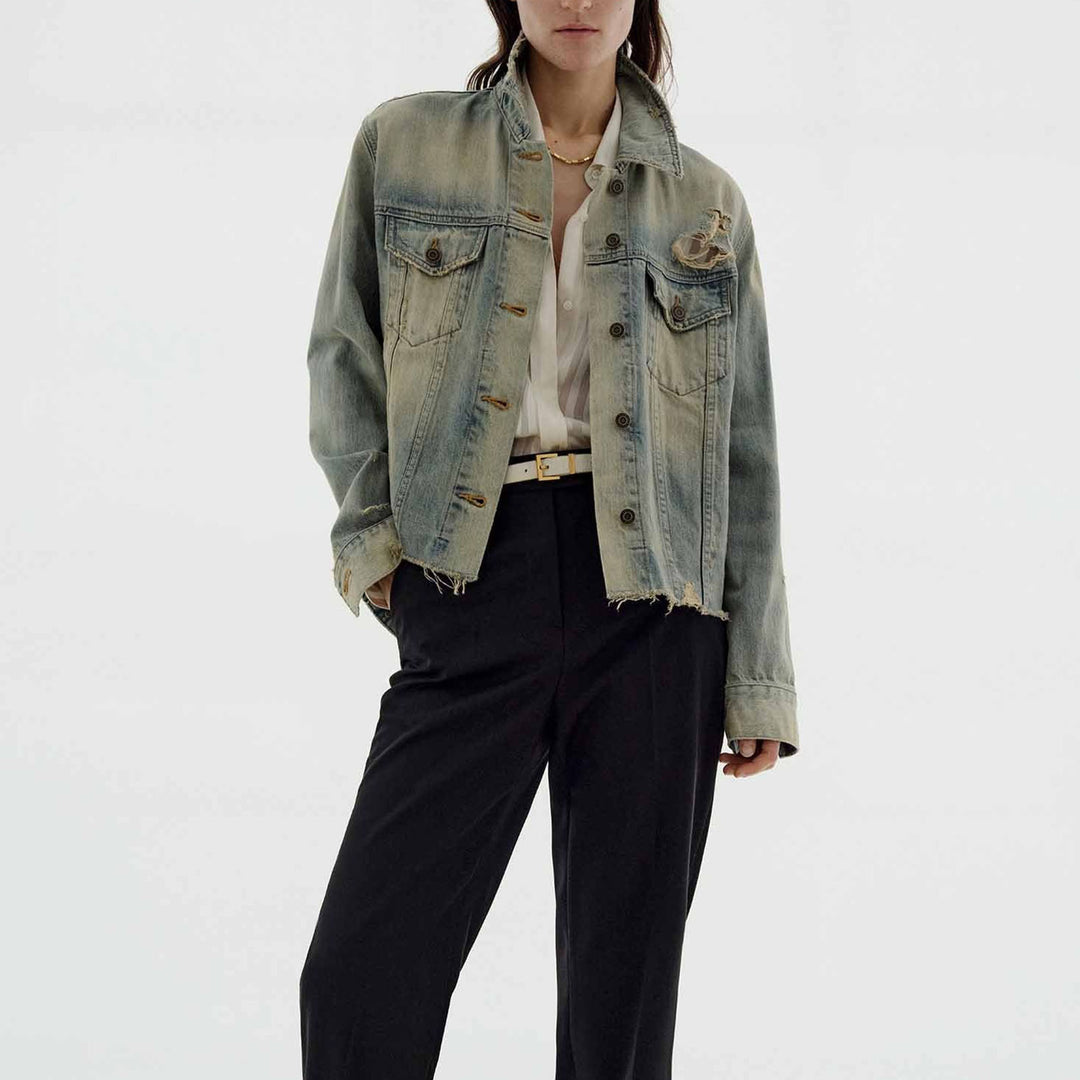Damen modische Denimjacke im Vintage-Stil mit lässigem Schnitt und fransigen Details R&B