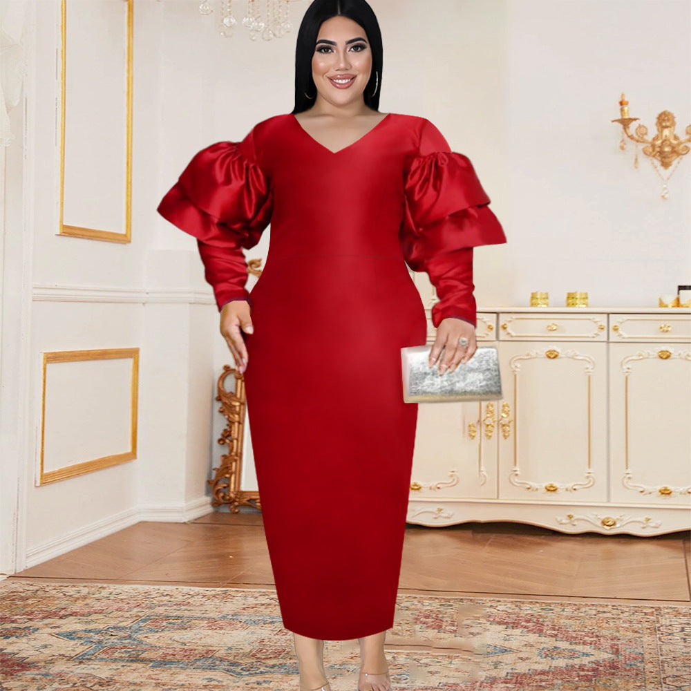 Damen Langarmkleid mit voluminösen Puffärmeln und V-Ausschnitt R&B