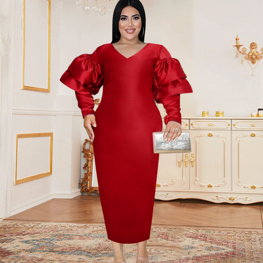 Damen Langarmkleid mit voluminösen Puffärmeln und V-Ausschnitt R&B