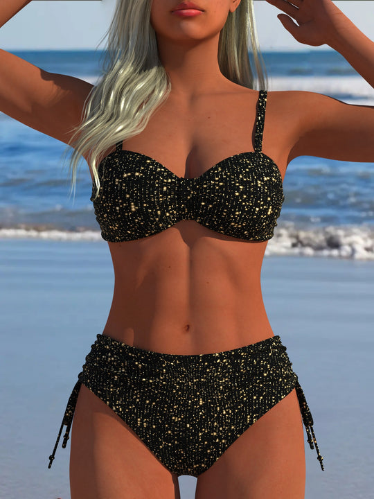 Damen Bikini-Set mit stilvollem Karomuster und goldfarbenen Akzenten R&B