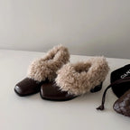 Damen modische Stiefeletten mit kuscheligem Fellkragen und robustem Blockabsatz R&B