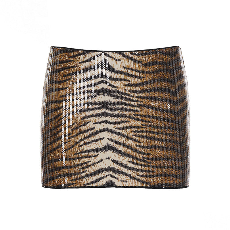 Damen Pailletten-Minikleid mit Leopardenmuster und verstellbaren Spaghettiträgern R&B