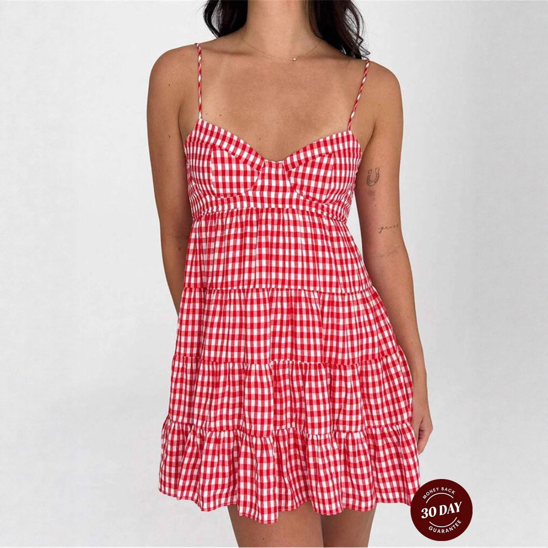 Damen nan luftiges kariertes Trägerkleid mit herzförmigem Ausschnitt und gestuftem Volantrock R&B