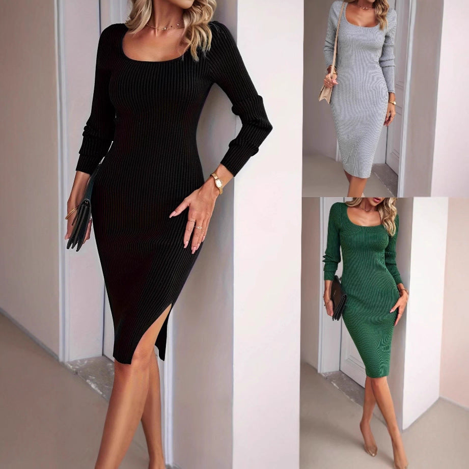 Damen Strickkleid mit längeren Ärmeln und modernem Rundhalsausschnitt R&B