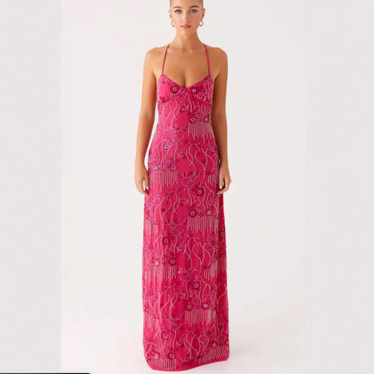Damen Elegantes Maxikleid mit floralem Perlenstick und feinen Spaghetti-Trägern R&B