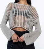 Damen luftiges Cropped Strickoberteil mit weit geschnittenen Ärmeln R&B