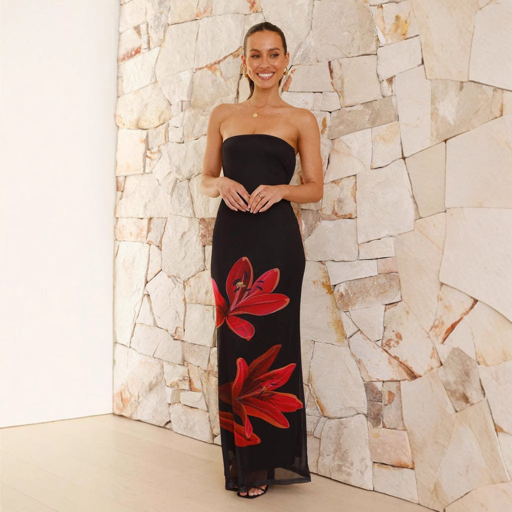 Damen Strak geschnittenes Maxikleid mit floralem Druck und schulterfreiem Design R&B