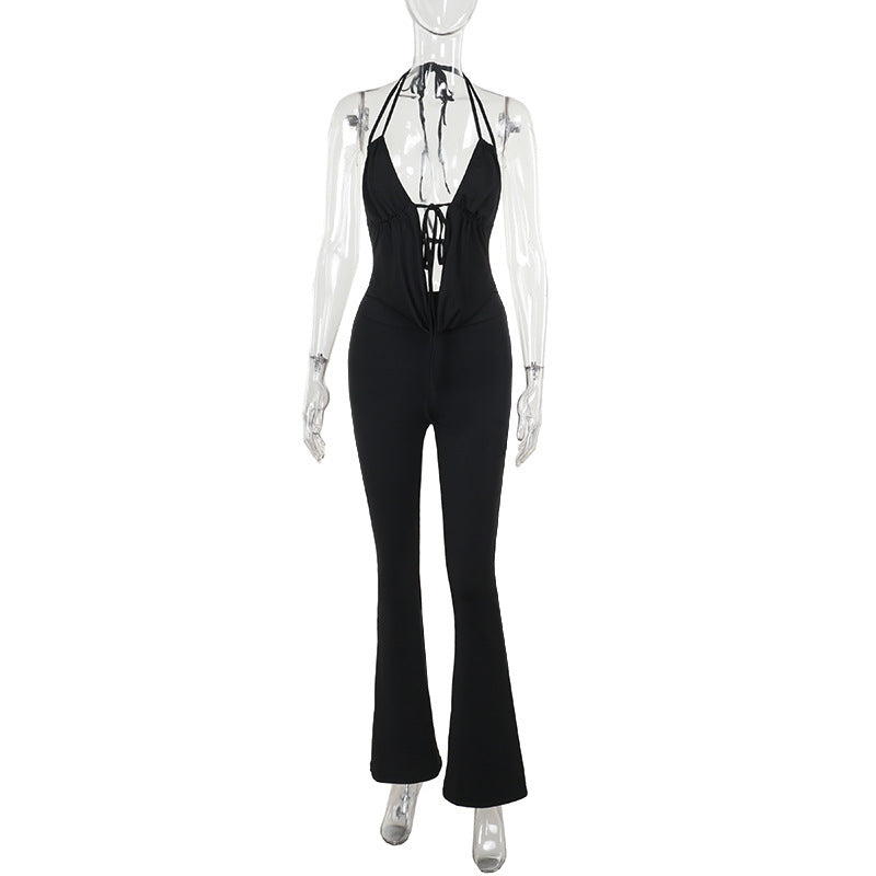 Damen stilvoller Jumpsuit mit tiefem V-Ausschnitt und Schnürung R&B