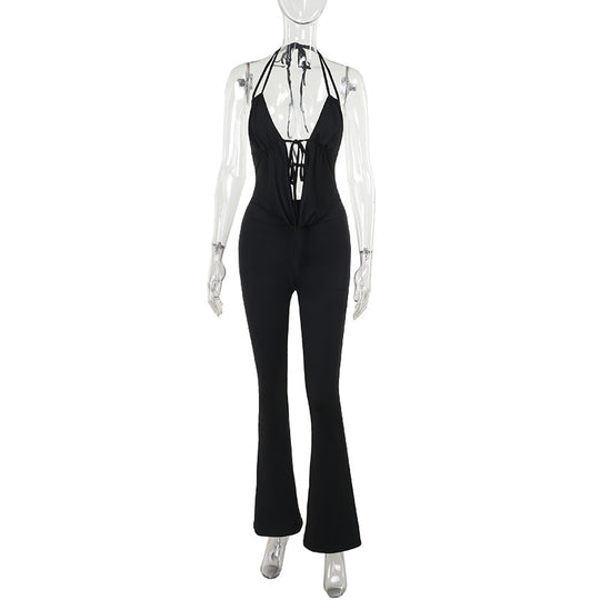 Damen stilvoller Jumpsuit mit tiefem V-Ausschnitt und Schnürung R&B