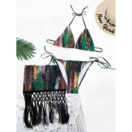 Damen Bikini-Set mit trendigem Fransenüberrock und verstellbaren Trägern R&B