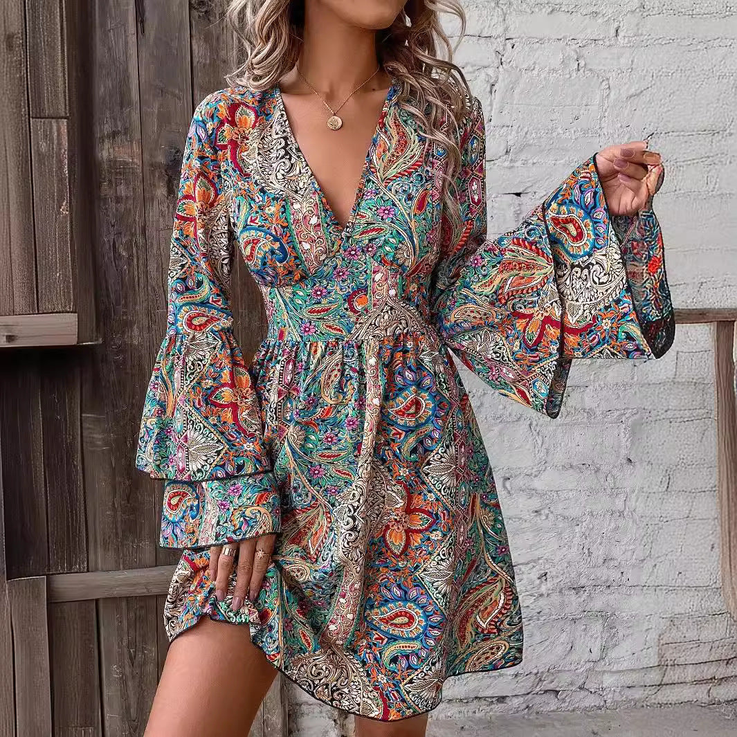 Damen V-Ausschnitt Minikleid mit floraler Paisley-Optik und voluminösen Ärmeln R&B
