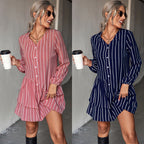 Damen gestreiftes Hemdblusenkleid mit voluminösem Rock und Knopfdetails R&B