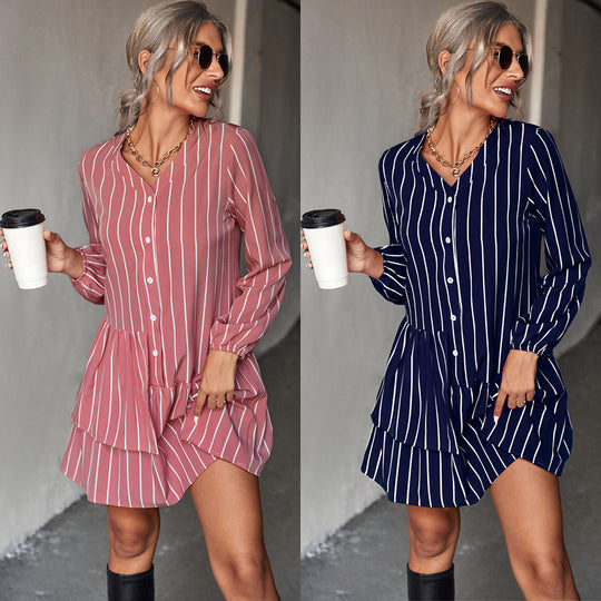 Damen gestreiftes Hemdblusenkleid mit voluminösem Rock und Knopfdetails R&B