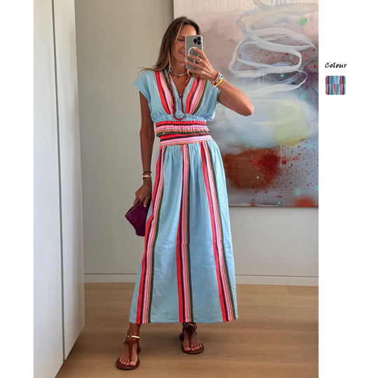 Damen Strandmaxi-Kleid mit elastischem Taillenbund und buntem Streifenmuster R&B