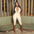 Damen Figurbetontes Jumpsuit mit raffiniertem V-Ausschnitt und offenen Seiten R&B