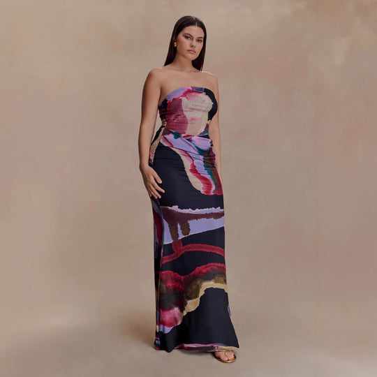 Damen Strapless Maxikleid mit fließendem Stoff und kunstvollem Druck R&B