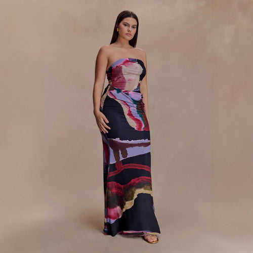 Damen Strapless Maxikleid mit fließendem Stoff und kunstvollem Druck R&B