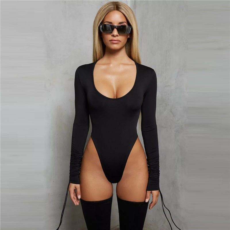 Damen Body mit langen Ärmeln und tiefem Rundhalsausschnitt R&B