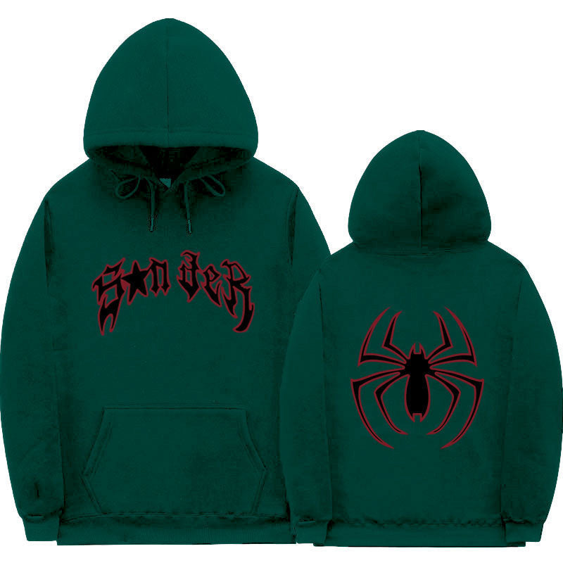 Damen Kapuzenpullover mit auffälligem Spinnenmotiv und grobem Schriftzug R&B