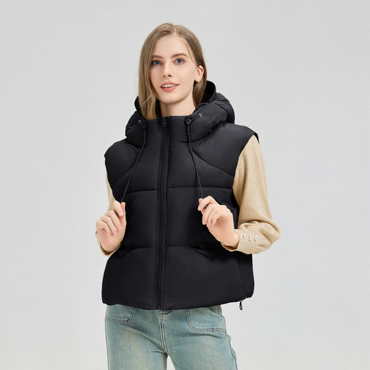Damen gesteppte Weste mit abnehmbarer Kapuze und seitlichen Eingrifftaschen R&B