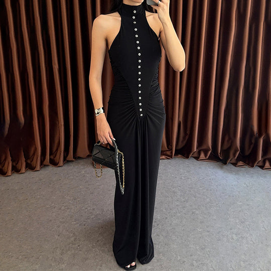 Damen Elegantes, figurbetontes Maxikleid mit hochgeschlossenem Ausschnitt und Knopfdetails R&B