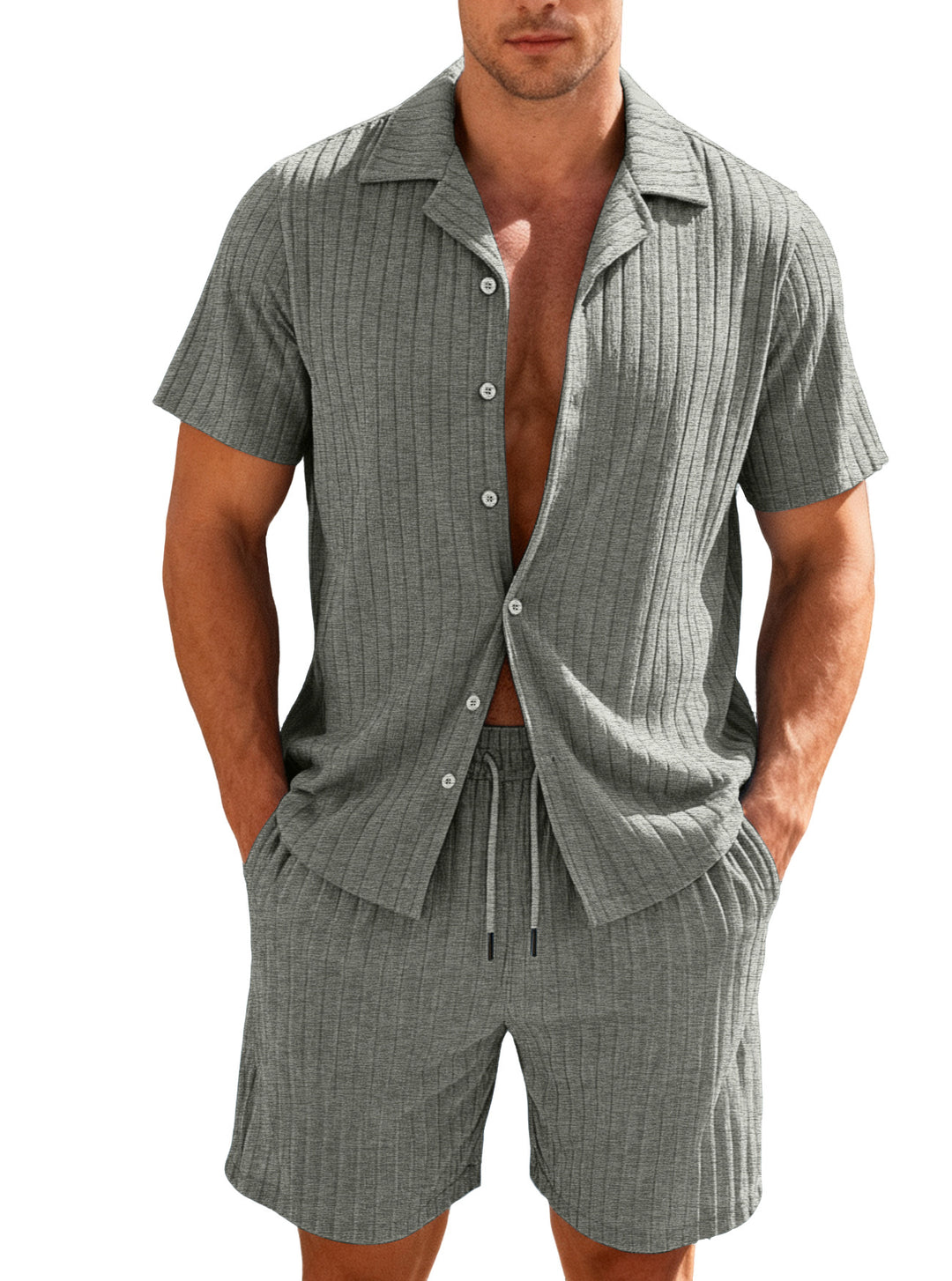 Herren nan geripptes Feinstrick-Lounge-Set mit kurzärmligem Revershemd und Kordelshorts R&B