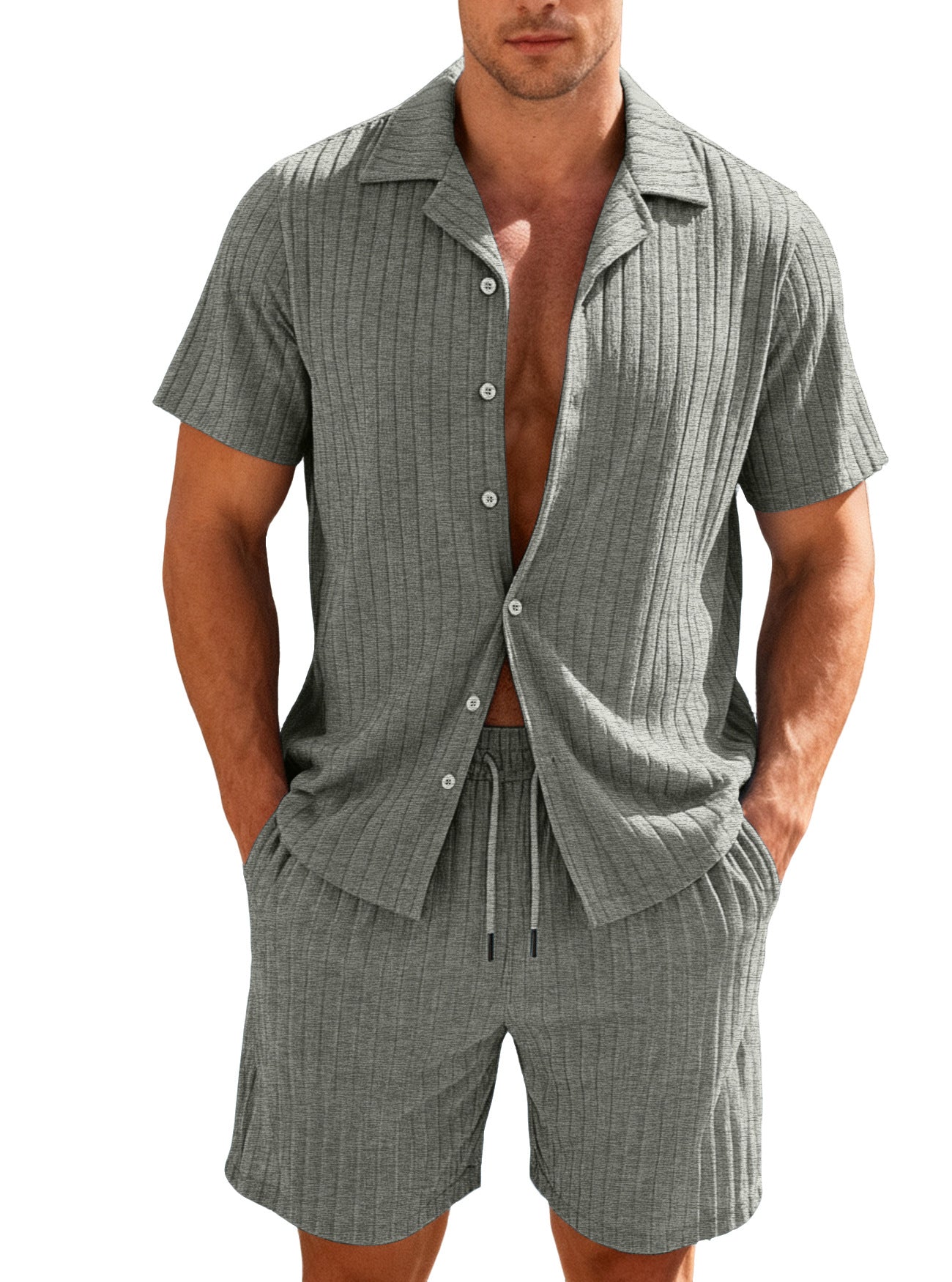 Herren nan geripptes Feinstrick-Lounge-Set mit kurzärmligem Revershemd und Kordelshorts R&B