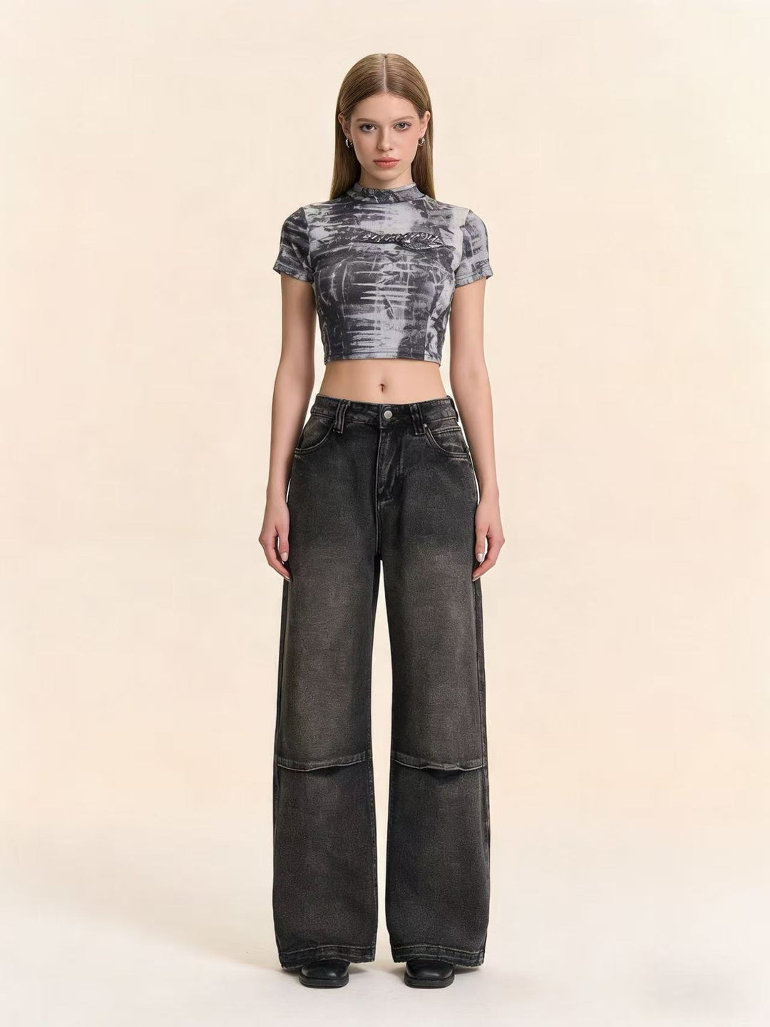 Damen Schlagjeans mit weitem Bein und modischen Waschungseffekten R&B