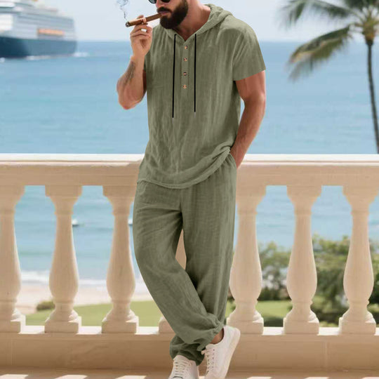 Herren komfortables Freizeit-Set mit modischem Henley-Oberteil und lockeren Hosen R&B