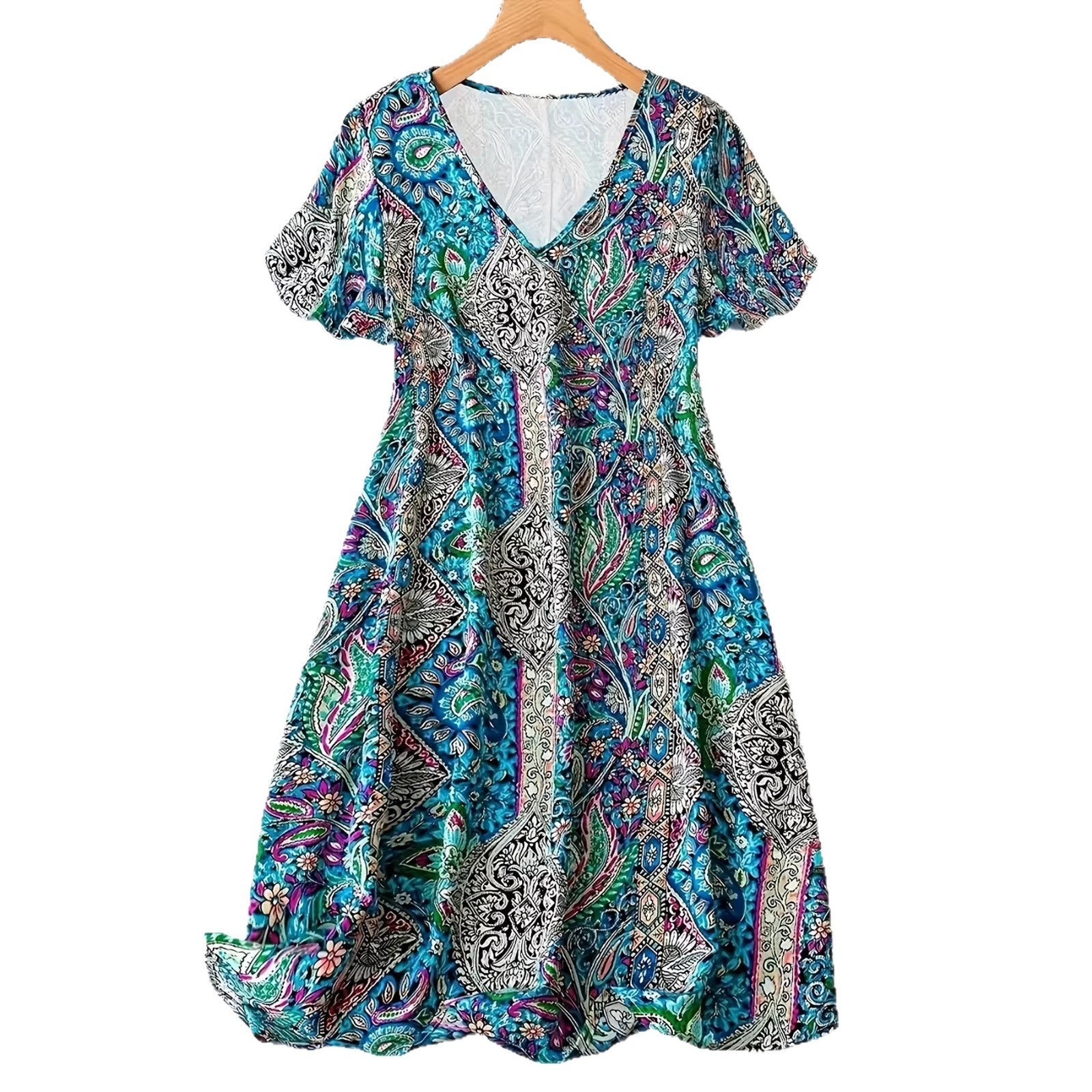 Damen Maxikleid mit V-Ausschnitt und buntem Paisleymuster R&B